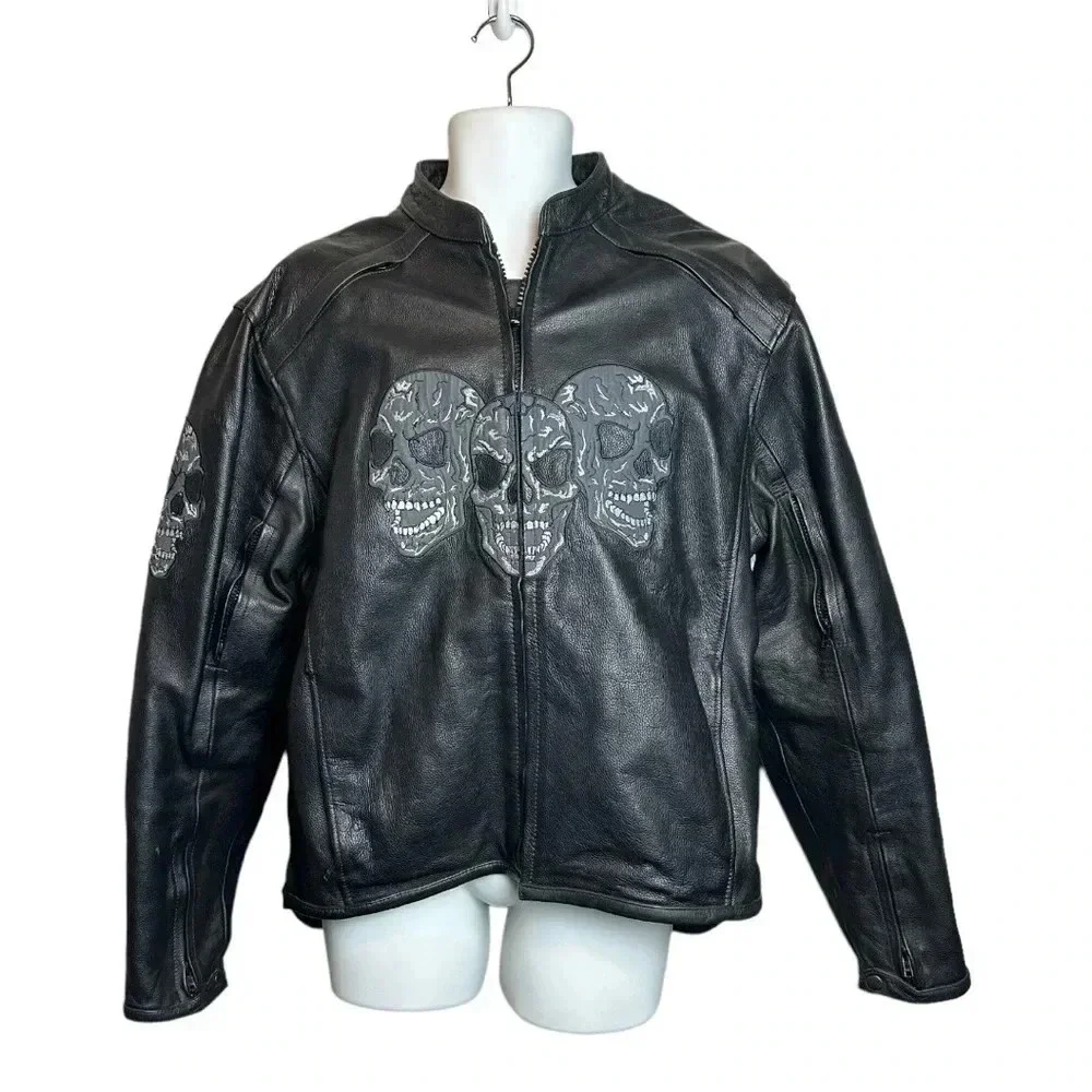 Leather Motorcycle/Racing Jacket with Reflective‎ Skull Designs